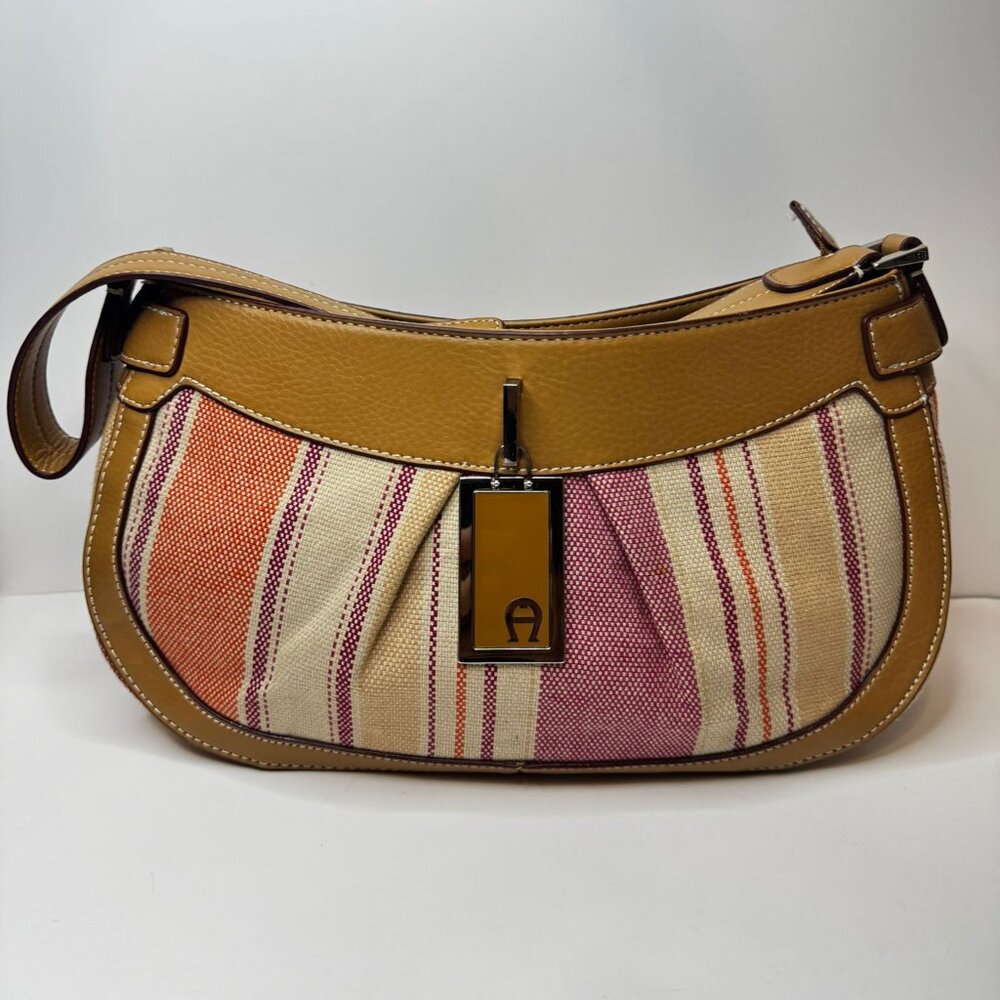 ETIENNE AIGNER Linen Shoulder Hobo Tote Handbag Purple Orange Ecru Fabric Purse